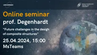 A digital graphic design promoting an online seminar by Prof. Degenhardt on "Future challenges in the design of composite structures."