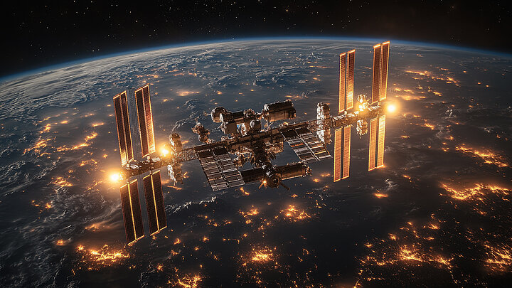 Oświetlona przez słońce Międzynarodowa Stacja Kosmiczna, w dole kula ziemska.